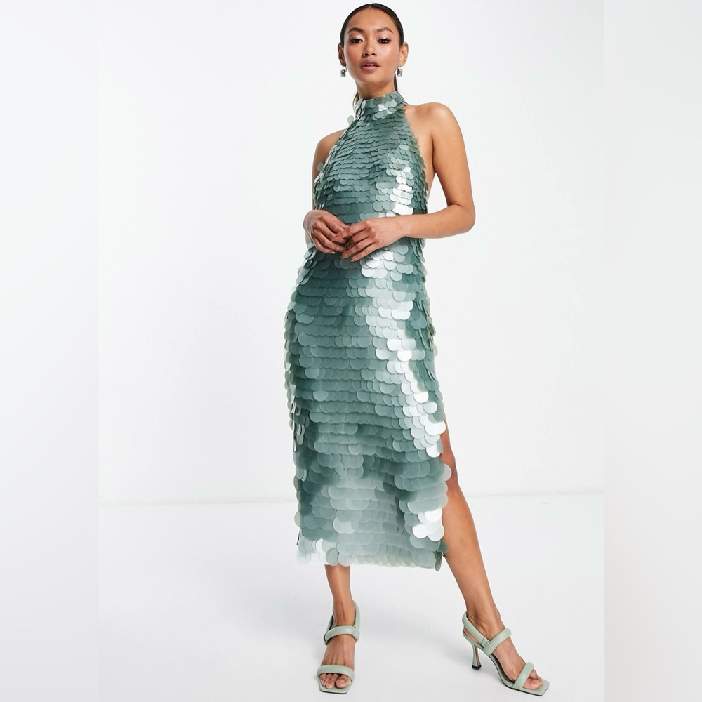 ASOS DESIGN high neck disc sequin midi dress